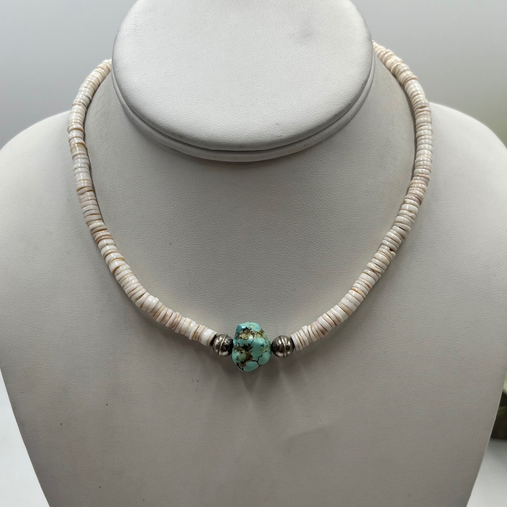 Vintage Turquoise Nugget and Shell Heishi Bead Choker Necklace 15"